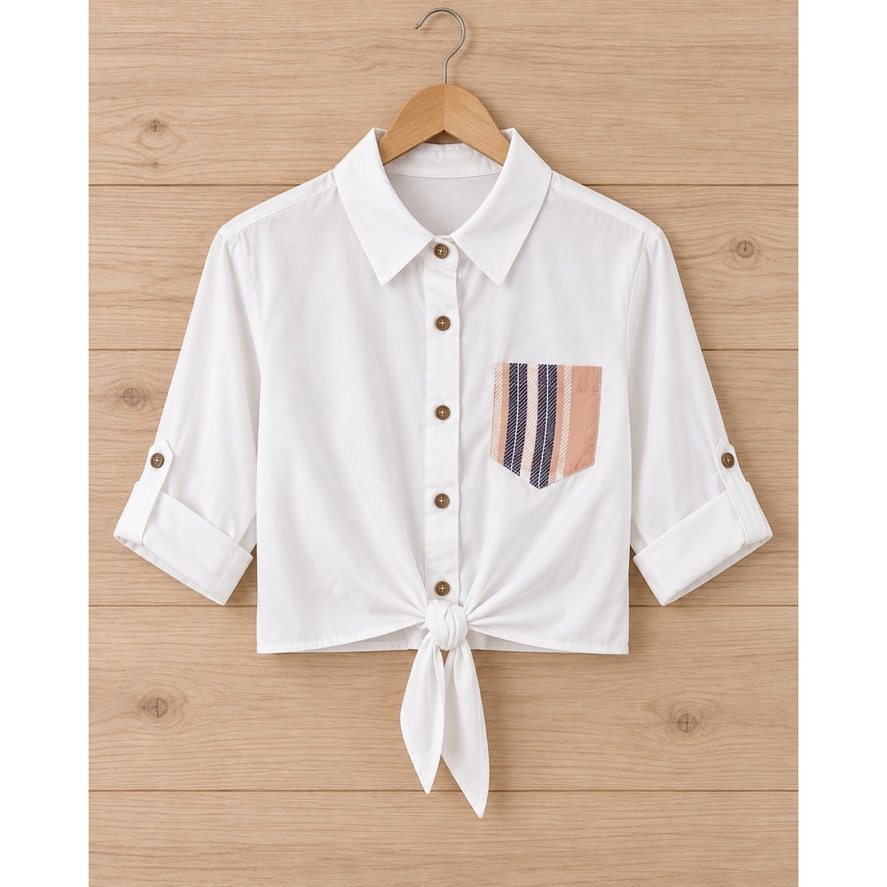 ChicMe Womens 3XL White Tie Front Crop Top Button Up Striped Pocket Shirt